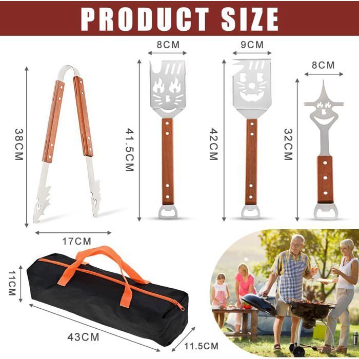 Conjunto de acessórios para churrasco com 4 peças: pinça, faca, garfo, serra e cabo de madeira. Presente ideal para o Dia dos Pais.