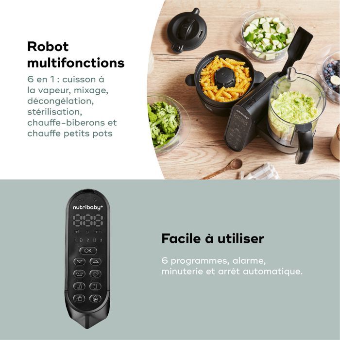 Robot da cucina Babymoov Nutribaby(+) XL - Grande capacità 2,9 litri - Fino a 14 pasti in 1 ciclo - 6 in 1 - 2 cestelli per la cottura a vapore, nero