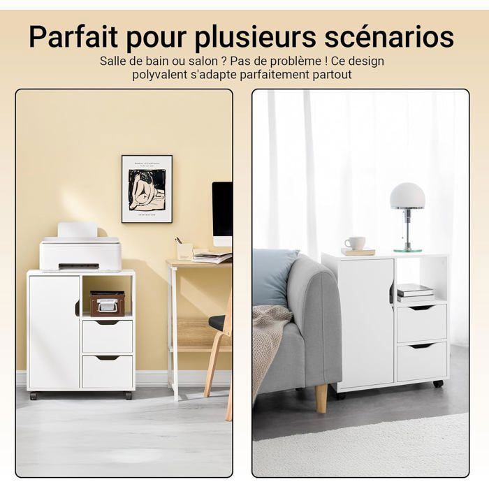 SoBuy Meuble Imprimante sur Roulettes Caisson Bureau Mobile avec 2 Tiroirs Compartiment Ouvert Rangement Blanc 60x35x70 cm