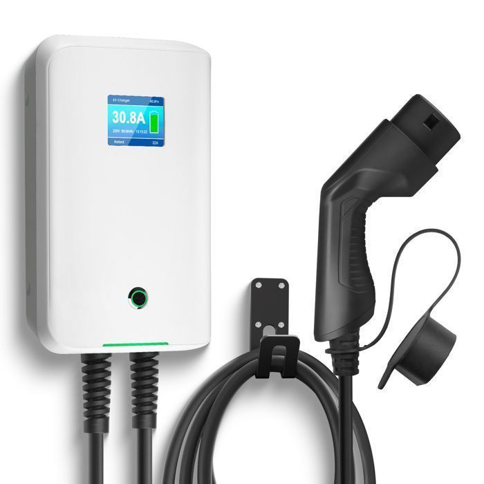 Estación de carga mural monofásica para vehículos eléctricos Morec de 7 kW y 32 A con cable de carga rápida tipo 2, 6 metros.
