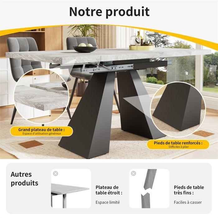 Mesa de comedor extensible, mesa extensible con amplia superficie de trabajo, mesa de cocina para 4 personas, MDF color mármol gris, 99-159×74cm