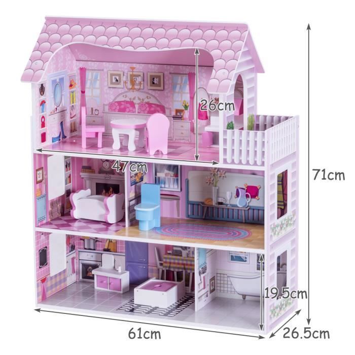 Casa de muñecas de madera COSTWAY, 13 accesorios, 3 plantas, 61 x 26,5 x 71 cm, regalo para niños de 3 años en adelante, color rosa.