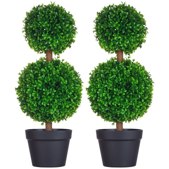 Boj artificial - HOMCOM - juego de 2 bolas dobles con tronco y maceta incluidos - decoración - plástico - altura 60 cm - verde