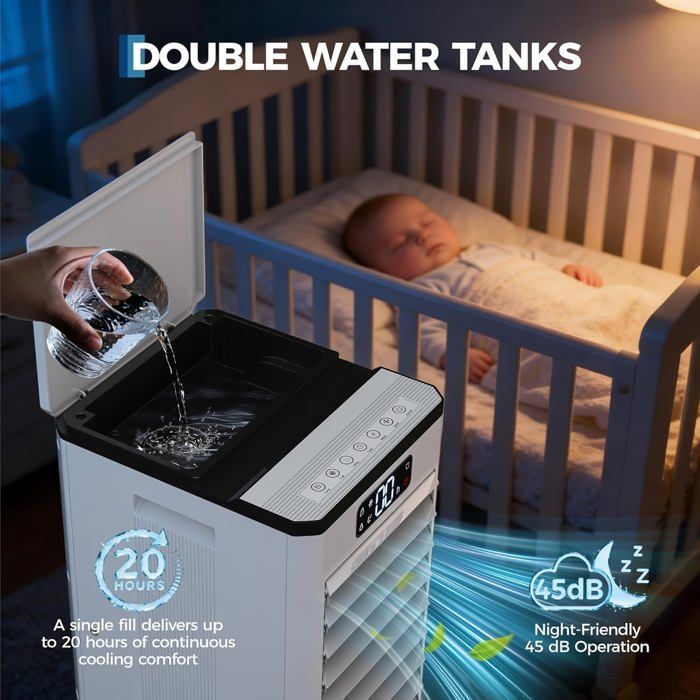 Aire acondicionado portátil 3 en 1: ventilador, aire acondicionado y humidificador. Depósito de 7 litros, temporizador de 12 horas, oscilación de 120°.