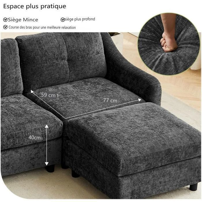 JIEXI Modular 4-Seater Sofa, Corduroy Upholstery, 251 cm (Grey)