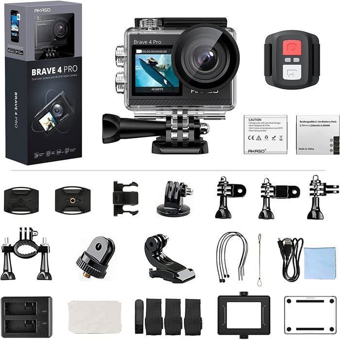 AKASO Brave 4 Pro 4K -action-kamera 40MP:n muistikortilla, 128GB:n U3-kortilla, WiFi, 20MP:n kamera, 170° laajakulma, kaksoisnäyttö, EIS, 5X zoom, musta