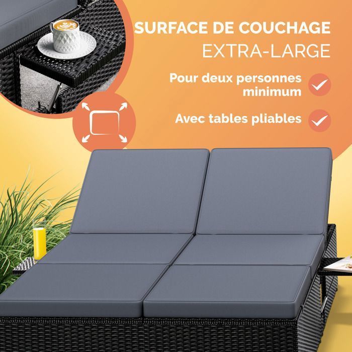 CASARIA Chaise longue double noir/anthracite extrémités réglables bain de soleil 2 places polyrotin chaise d’extérieur