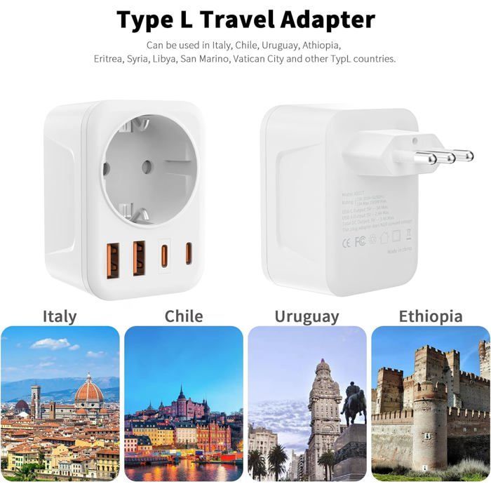 Adaptador de viaje 5 en 1 para Italia, con 1 enchufe de CA, 2 puertos USB-C y 2 puertos USB-A (3,4 A), enchufe de viaje de 3 clavijas.