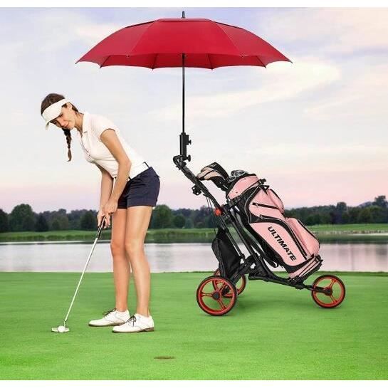 GYMAX 3-Wheel Folding Aluminum Golf Trolley with Adjustable Handle, Rear Wheel with Brake and Umbrella Holder, Red