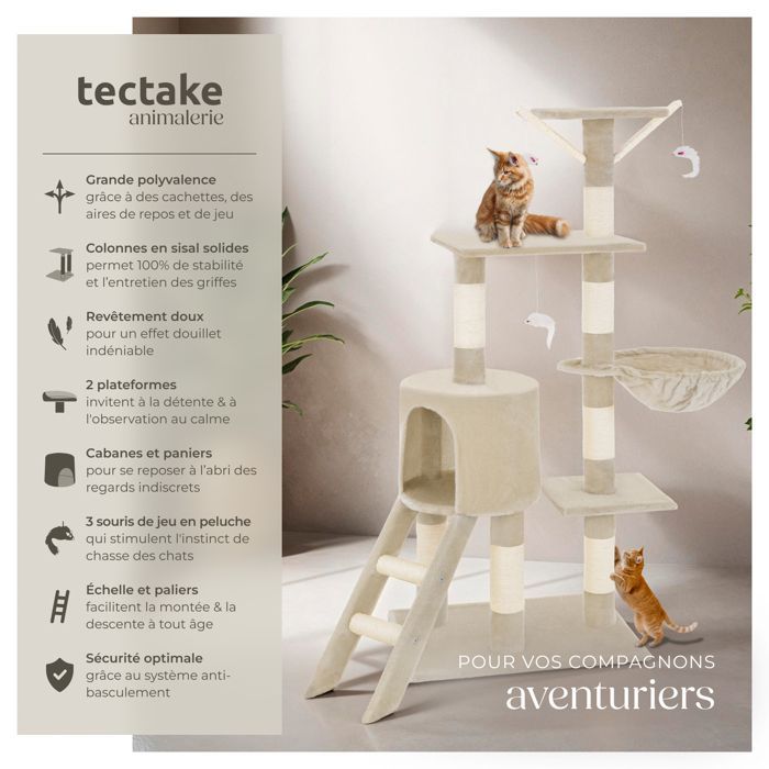 Cat tree - TECTAKE - DOMINIQUE cat furniture, 142 cm high, with scratching post, hammock and toys - Beige