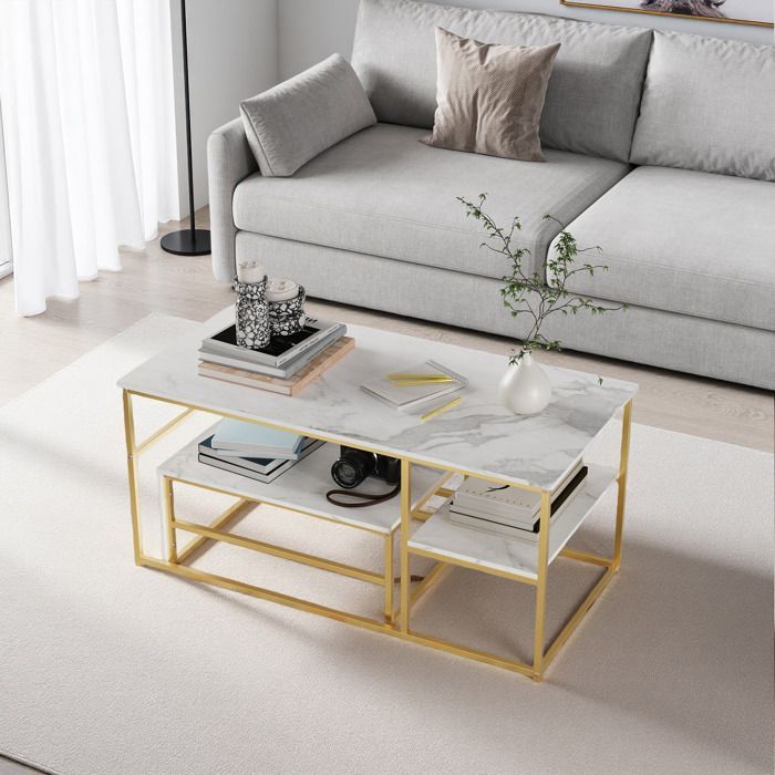 Mesa de centro para salón - con tablero blanco y patas doradas - mesa de centro moderna - mesa de centro de mármol - Cuadrada - 105x52x48 cm