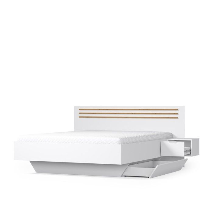 Chambre complète FLORENCE – Lit 160x200 + sommier + tiroirs + armoire + commode – Blanc et chêne