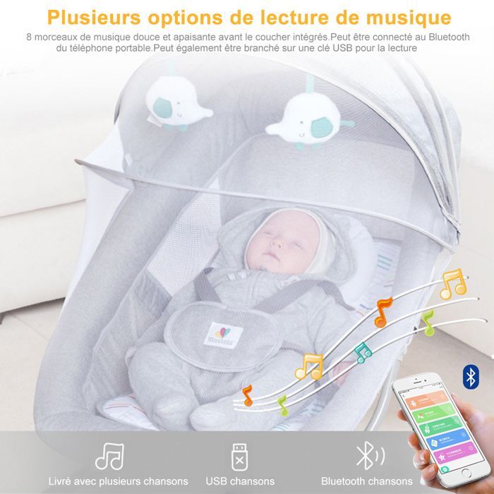 3-in-1 elektrische babyschommel met afstandsbediening - 5 schommelsnelheden - Bluetooth-muziek - Grijs