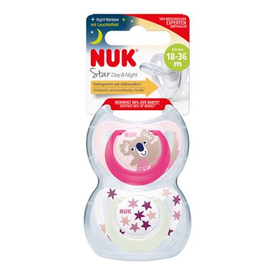 Nuk Star Day & Night Girl 18-36M čiulptukai, ortodontinės formos, rožiniai, 2 vnt.
