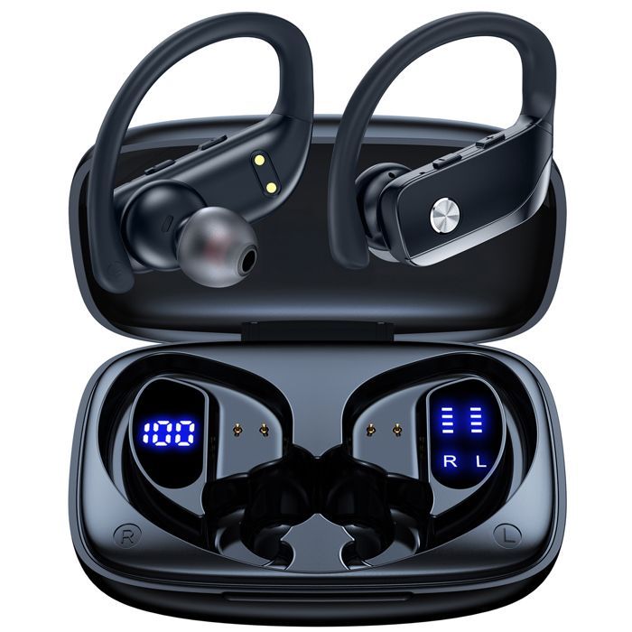 Auricolari sportivi wireless Bluetooth 5.1 VEAOOL, impermeabili IPX5, suono stereo, autonomia di 48 ore, microfono integrato, neri.