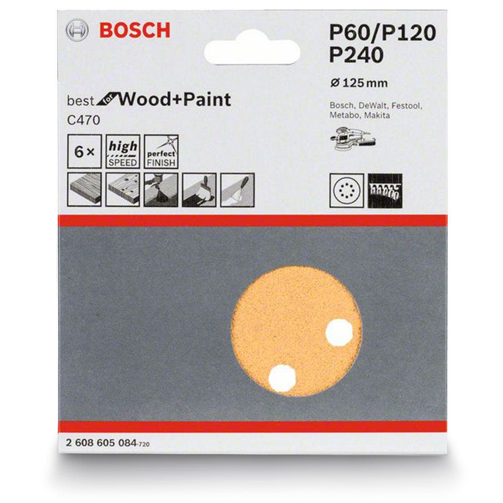 BOSCH Schleifscheibe mit gemischter Körnung, 125 mm, 8 Löcher, Klettverschluss, für Holz und Lack – C470 – 6 Stück