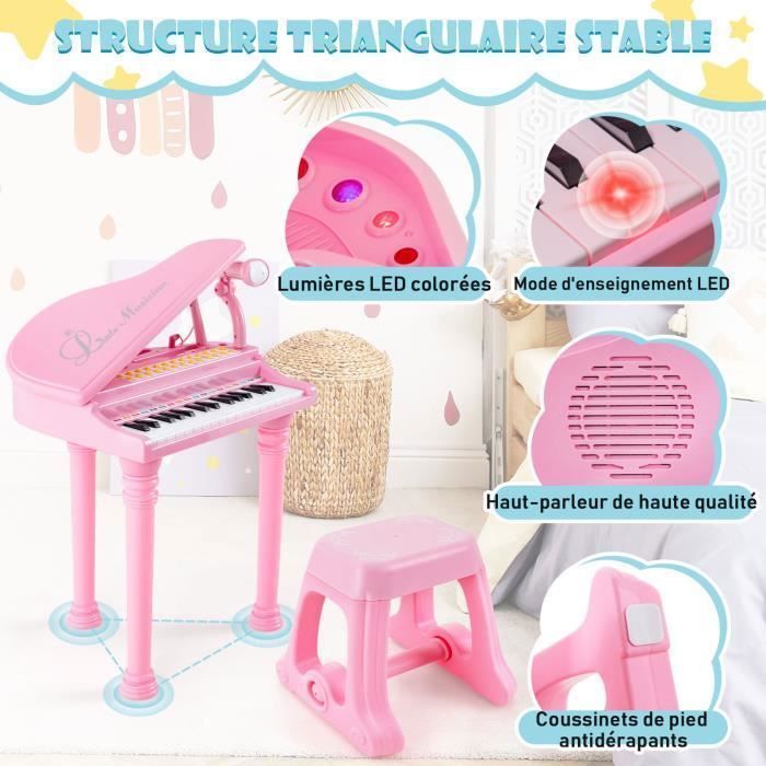 Piano infantil COSTWAY de 31 teclas con taburete, micrófono, 3 modos de enseñanza, luz LED, reproductor de MP3, 4 estilos musicales, 22 canciones, color rosa.