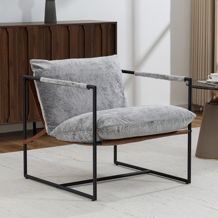 Fauteuil salon - HOMCOM - rembourré - large assise - structure en acier - velours imprimé - 77x91x80cm - gris clair