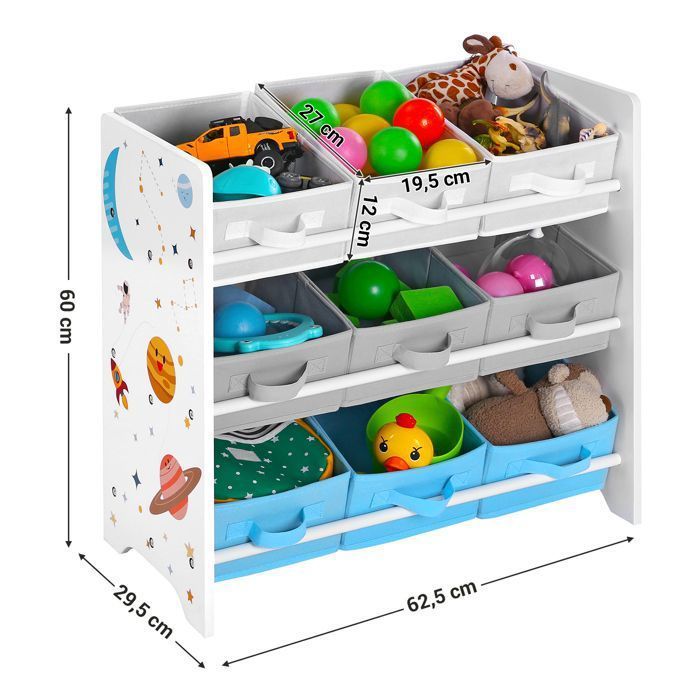 SONGMICS Kleine Opbergunit, 9 Uitneembare Bakjes van Non-woven Stof, voor Babykamer, 62,5 x 29,5 x 60 cm, Ruimtepatroon, Wit