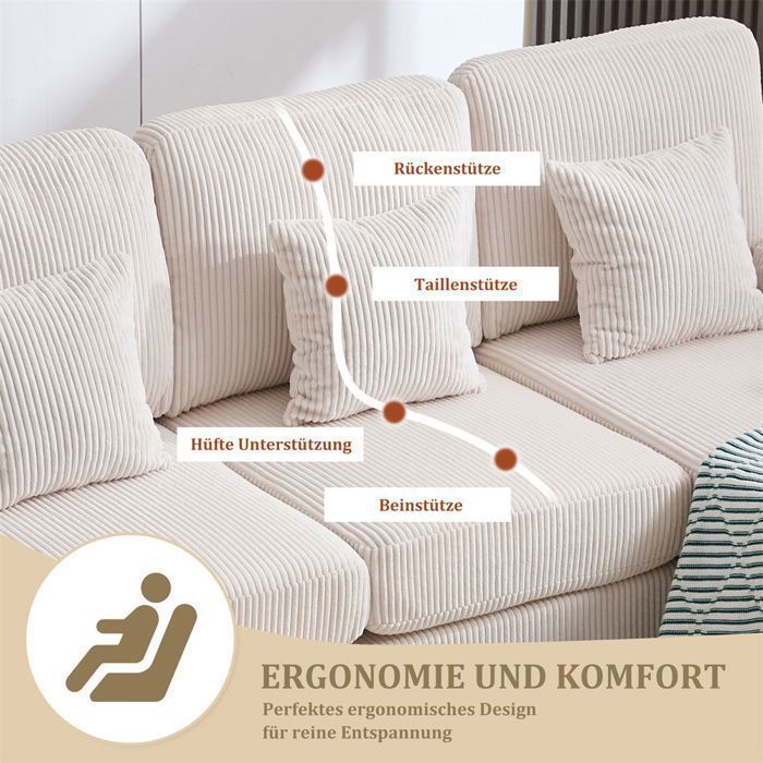 DRIPEX Canapé 4/5 places en forme de U moderne avec Lumière LED et port USB-C,Canapé avec 4 coussins,265*135*88cm,Beige