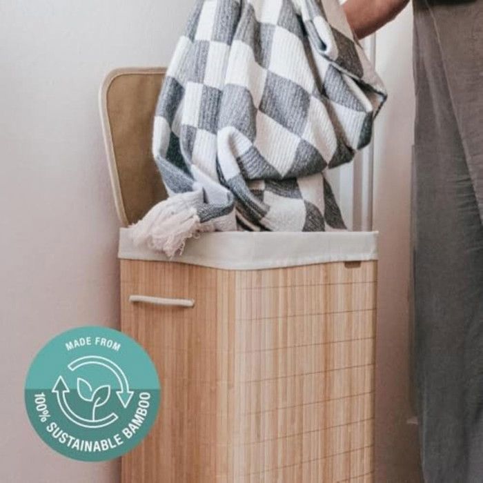 Pyykkikori - 2 lajittelulokeroa - 72 l - Hajua hylkivä bambukansi - Irrotettava ja pestävä pyykkipussi