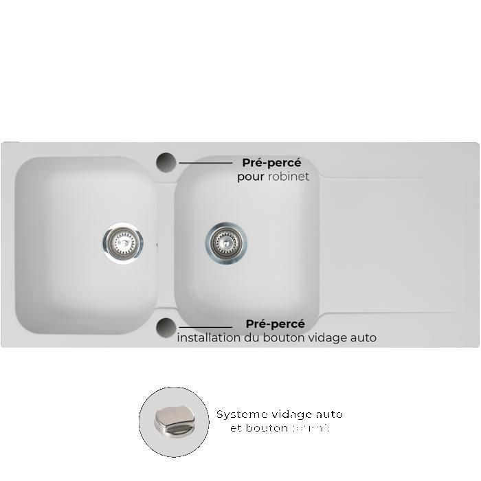 Lavello liscio, reversibile, 2 vasche, 1 gocciolatoio, resina bianca, Essebagno