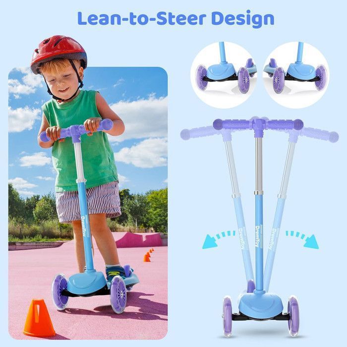 Patinete infantil BremToy com plataforma iluminada e rodas de PU com LED, 4 níveis de altura ajustáveis, frenagem responsiva, leve, azul.