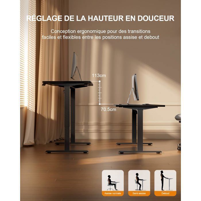 HLONONE Electric Sit-Stand Desk, 120 x 60 cm, Height Adjustable Table, with Integrated Power Outlet, USB Port, Black