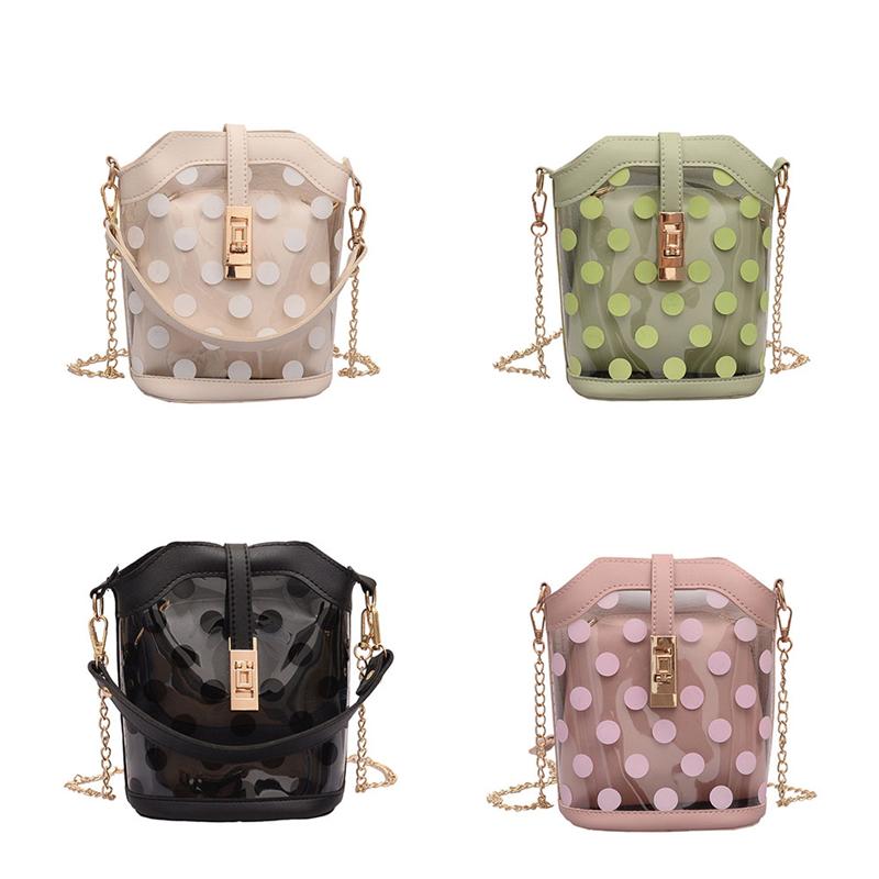 Borsa a secchiello da donna alla moda e creativa 2020 con motivo a pois, tracolla a catena trasparente, borsa a tracolla casual da ragazza.