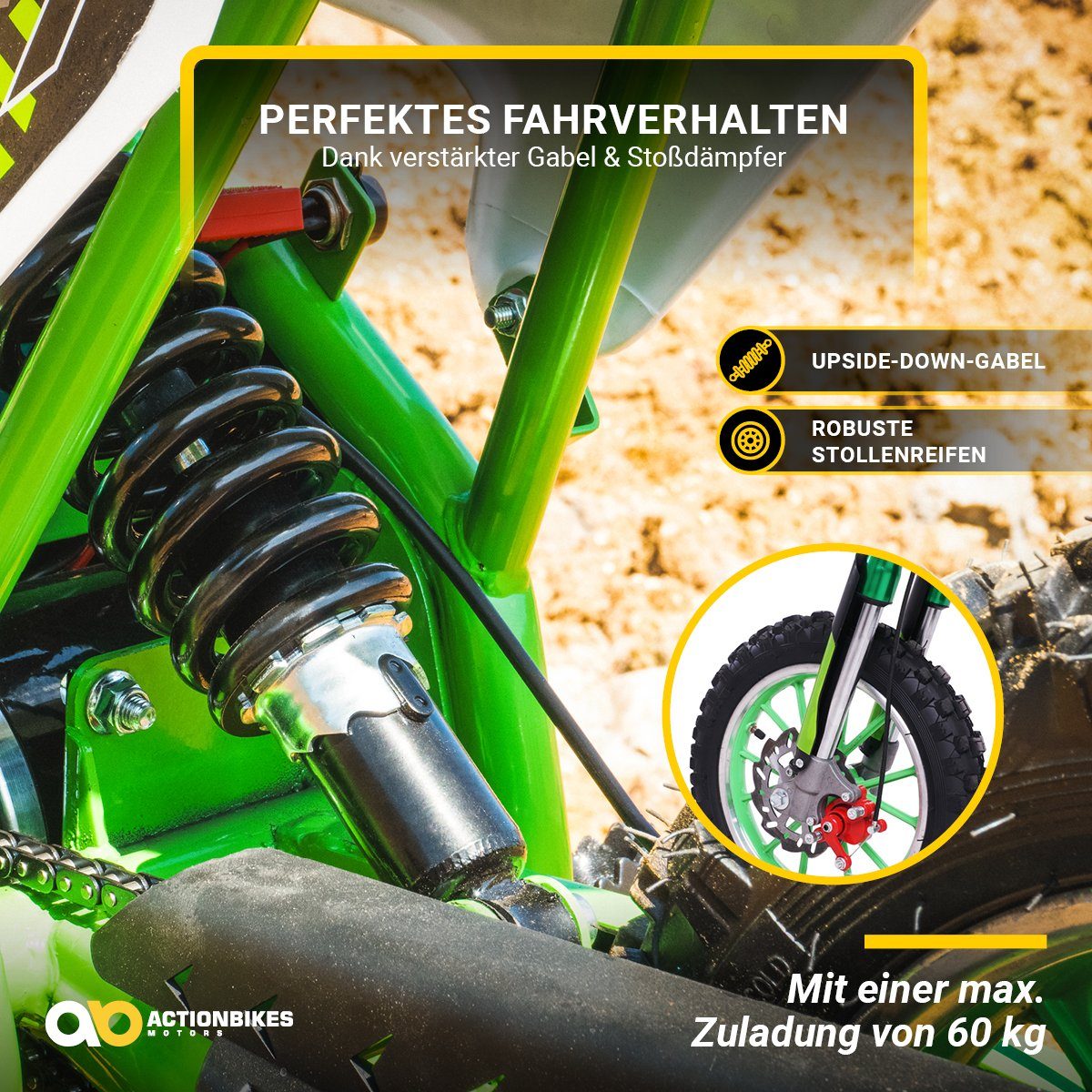 Actionbikes Motors elektrisches Kindermotorrad Viper 1000 W – 3 Stufen – bis zu 25 km/h, Tragkraft 60 kg, (1 Stück), Mini-Dirtbike, elektrisches Minicross-Pitbike, Pocketbike ab 5 Jahren