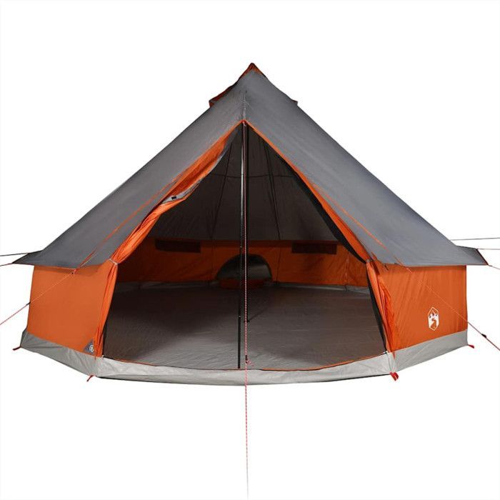 Tenda tipi per famiglie, impermeabile, grigia e arancione, per 6 persone.