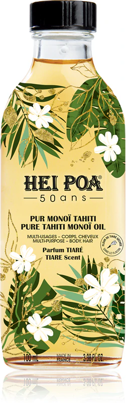 Óleo Hei Poa Pure Tahiti Monoï Oil Tiara, óleo multifuncional para corpo e cabelo.