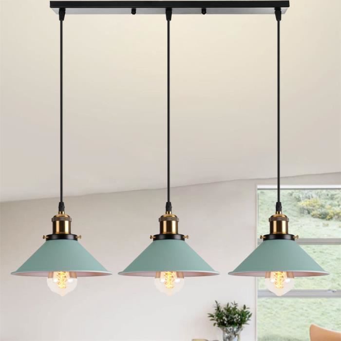 U-Do Suspension Luminaire Rétro 3 Douille Lustre en Métal Vert Lampe Longue Pôle Noir E27 40W décoration Salle à Manger Cuisine