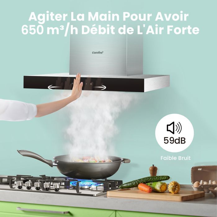 Exaustor de cozinha Comfee de 60 cm com controle por toque - 650 m³/h - Classe energética A+++ - 4 velocidades - Filtro de carvão ativado - Visor LED - Aço inoxidável preto