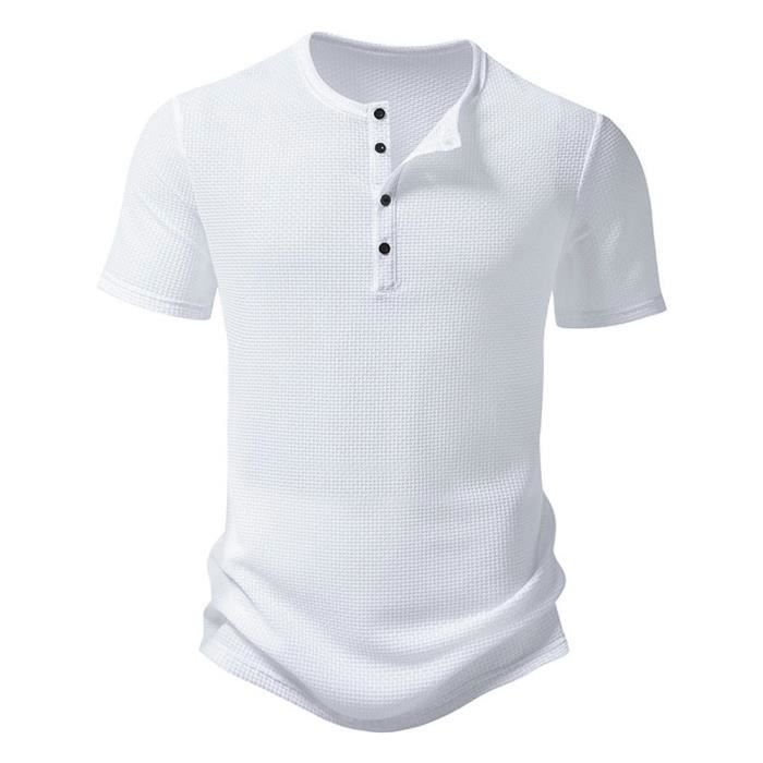 Men's Short Sleeve Lightweight Regular Fit Henley T-Shirt, Summer Crew Neck with 4 Buttons, Solid Color - EU Size - White