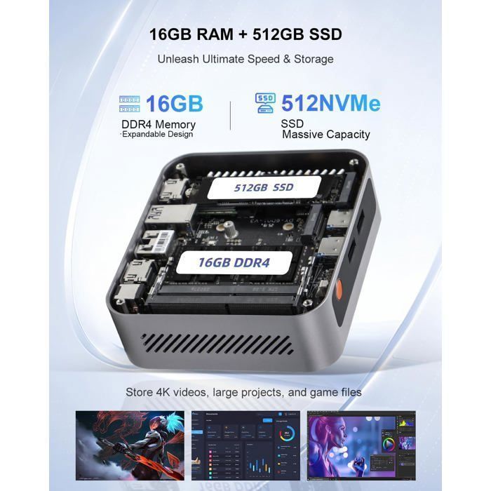 Mini PC Ninkear M7 Ryzen 5 7430U, 16 Go DDR4 + SSD NVMe 512 Go, carte graphique Radeon Vega 7, multi-écrans 4K/8K, Wi-Fi 6/BT5.2