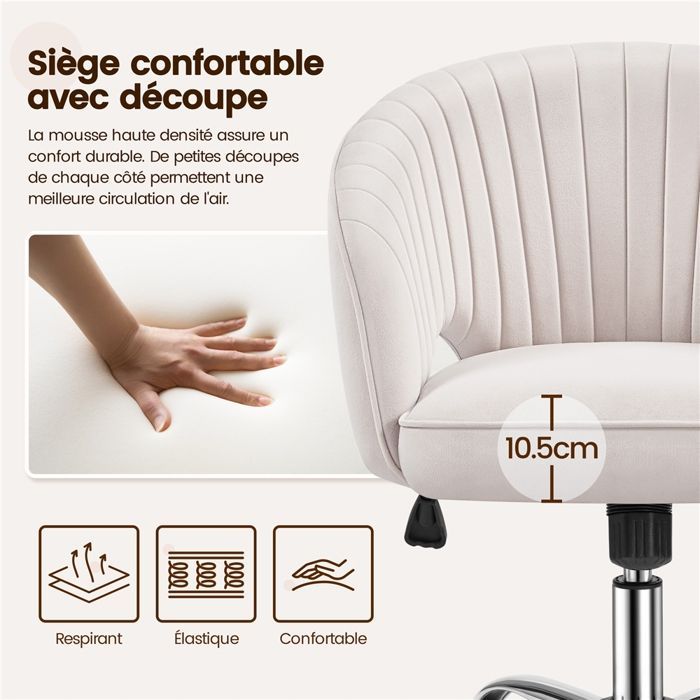 Yaheetech Velvet Office Chair with Rounded Tufted Backrest, Swivel, Casters, Height Adjustable Seat, Living Room, Cream