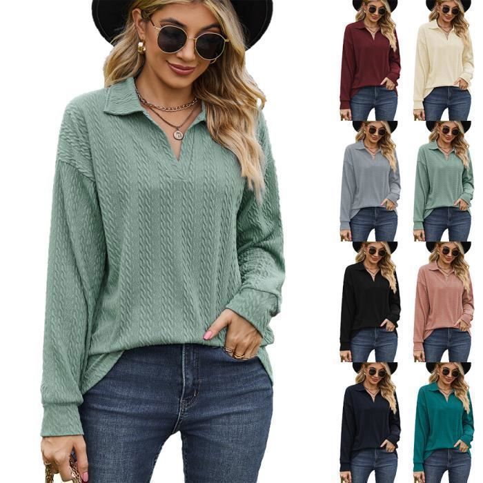 Pull Femme En Tricot Manches Longues Col V Pullover Lâche Couleur Unie Confortable Printemps Et Automne - Taille EU - Bleu Marine