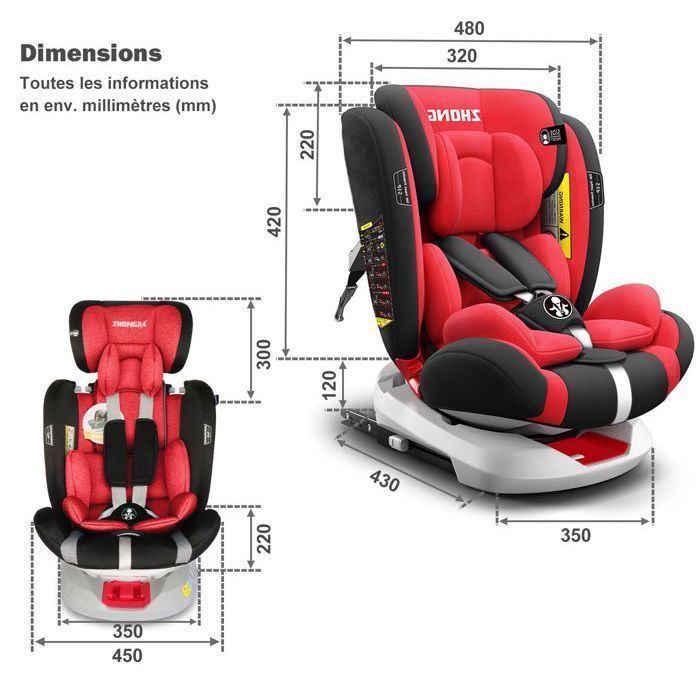 Silla de coche ISOFIX giratoria 360° con sistema LATCH, para niños de 40 a 150 cm, de 0 a 12 años, I-SIZE - Grupo 0+/1/2/3 - Reposacabezas ajustable, reclinable - Roja