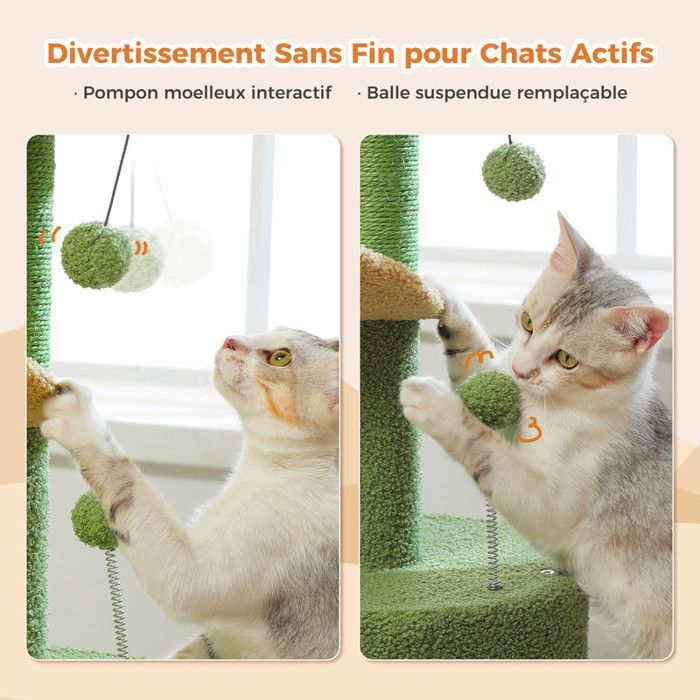 Albero per gatti PAWZ Road Cactus, con pompon in peluche, palo tiragraffi in sisal e cuscino rimovibile, 84 cm, verde.