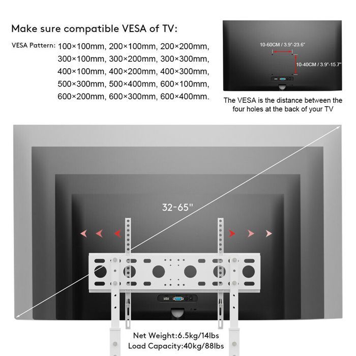 UNHO Support TV sur Pied Blanc Pied TV Universel 32-65 Pouces Meuble Télé Pour LCD LED Plasma Hauteur Réglable VESA 600x400mm