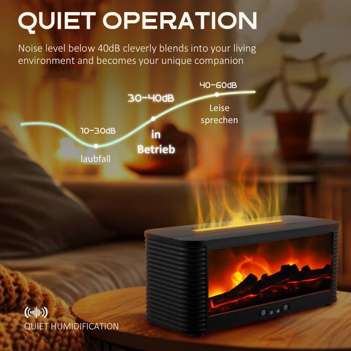 Diffusore di aromi con effetto camino: 7 effetti fiamma colorati, spegnimento automatico in caso di basso livello dell'acqua.