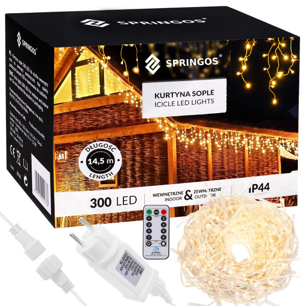 Kurtyna świetlna z pilotem 300 led girlanda, lampki wew-zew