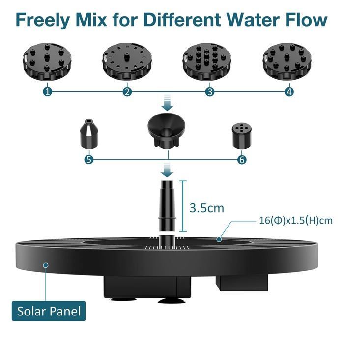 Fuente solar flotante negra para estanques – bomba con 6 boquillas, resina plástica, 14,5 × 14 × 4,4 cm