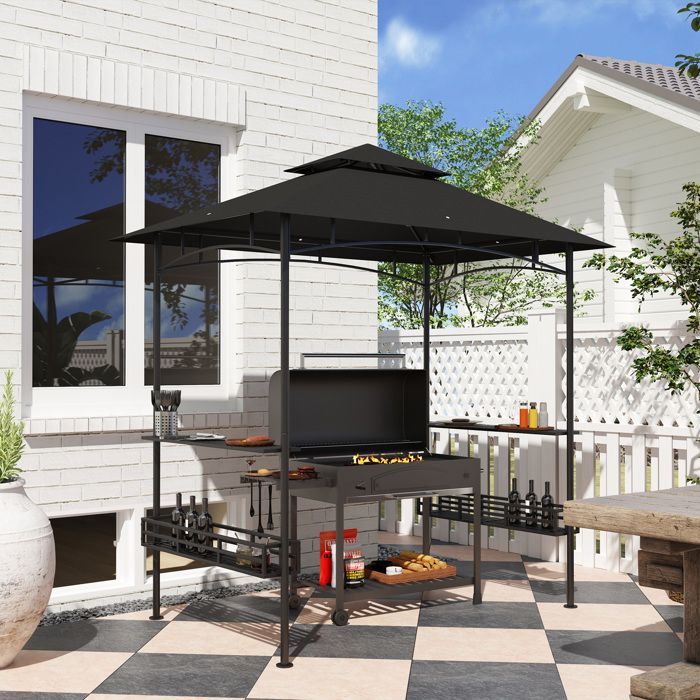 Tonnelle de barbecue - Outsunny - crochet au plafond - étagères et paniers - métal galvanisé 240 x 150 x 257 cm - gris foncé