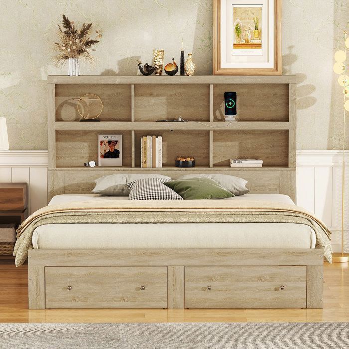 Cama MODFU con cajones, cama para adultos, cama doble de 160 x 200 cm con 2 cajones, cabecero con 6 compartimentos de almacenamiento, color natural.