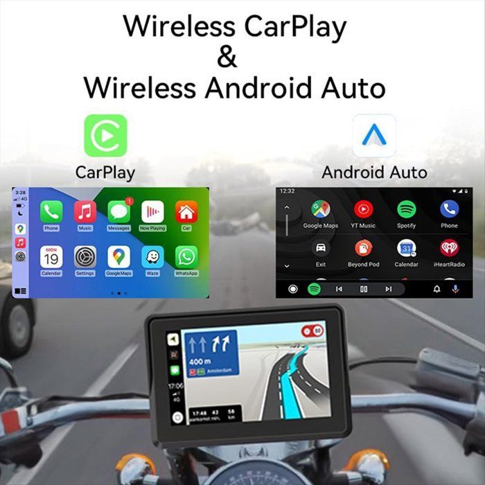 Pantalla táctil de 5 pulgadas, GPS, CarPlay para motocicletas, estéreo portátil inalámbrico con CarPlay y Android Auto, resistente al agua, Bluetooth dual