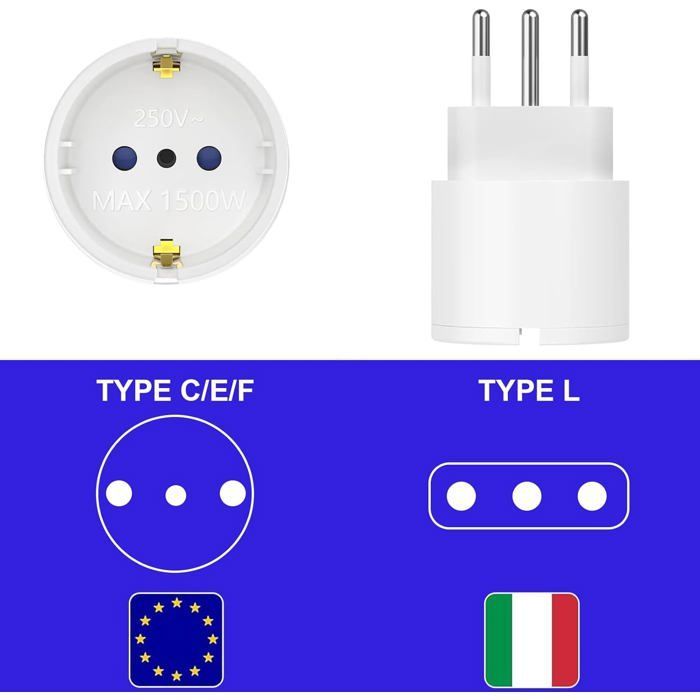 Juego de 3 adaptadores de enchufe italianos, adaptador de viaje para Italia, Europa (de Francia a Italia), adaptador para Italia, Siria y Uruguay.