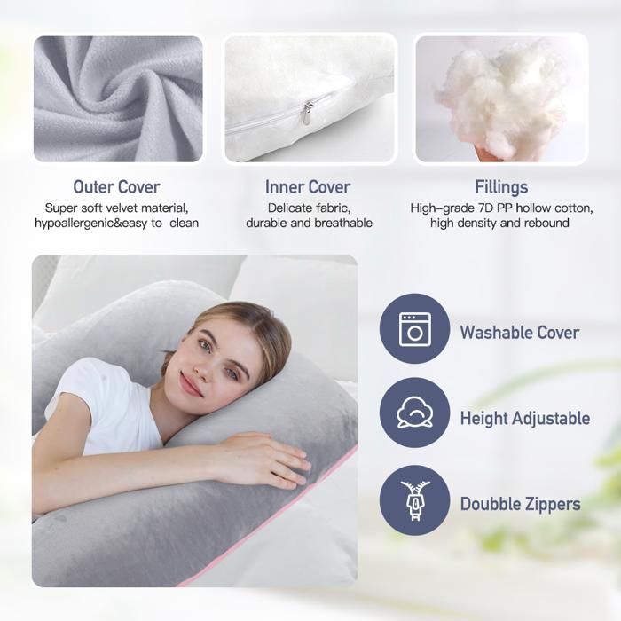 Coussin de Grossesse - Oreiller pour Femme Enceinte en Forme de U pour Dormir -Rose et Gris Foncé - Velours