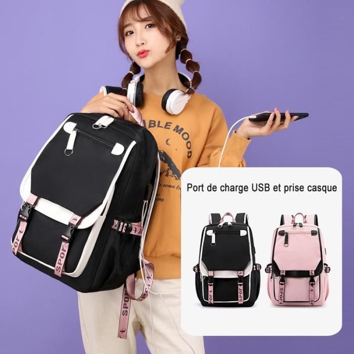 Zaino scolastico impermeabile in nylon, ideale per la scuola primaria e secondaria di primo grado (per ragazzi e ragazze), con porta di ricarica USB e porta per cuffie - Verde